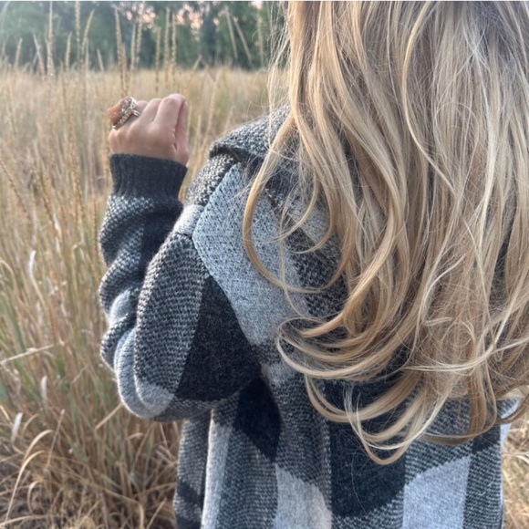 New Hooded Cardigan Sweater Coat Shacket Jacket Grey Vtg Western Boho - Picture 7 of 9